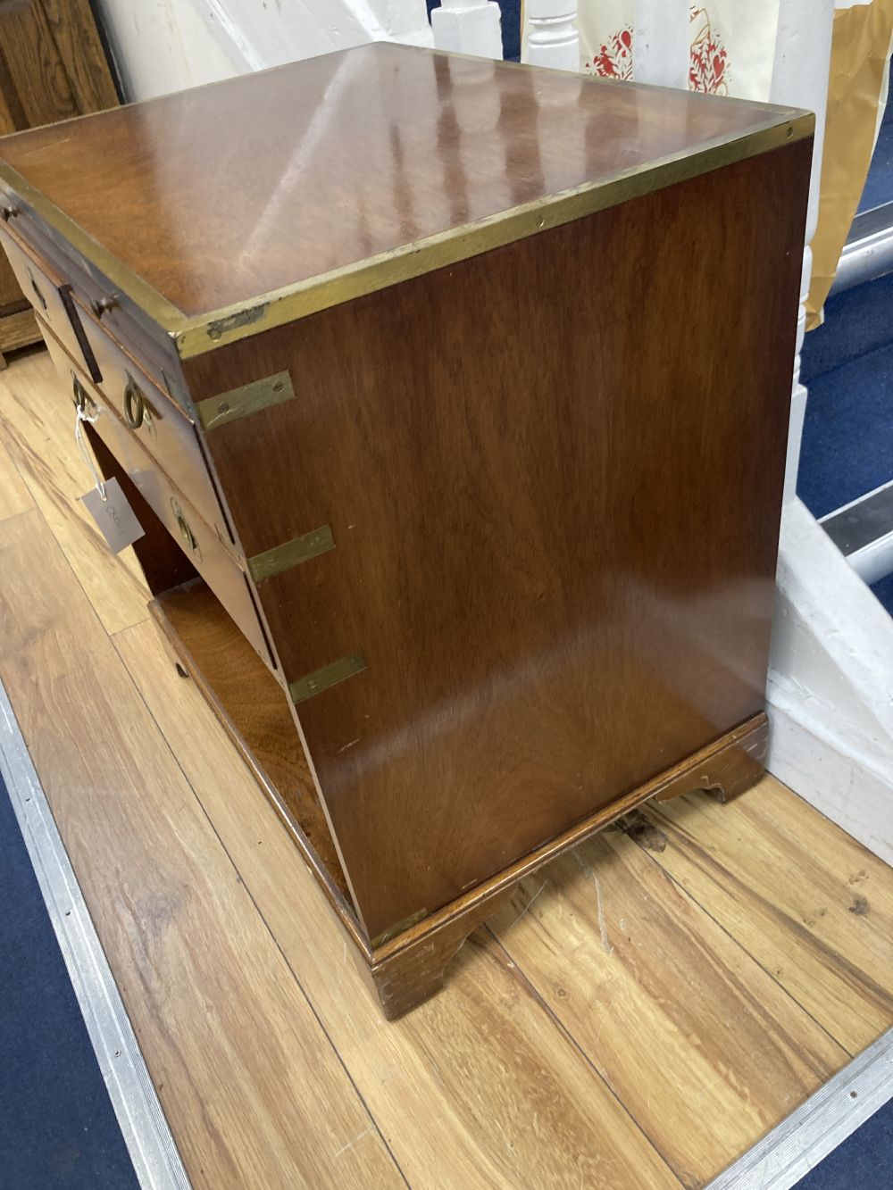 A brass mounted military style side cabinet, fitted slide, width 56cm, depth 41cm, height 60cm